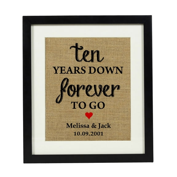 Darling Souvenir Ten Years Down Forever To Go Burlap Print Wall Decor Personalized Wedding Burlap Print Only(8 x 10 Inches)