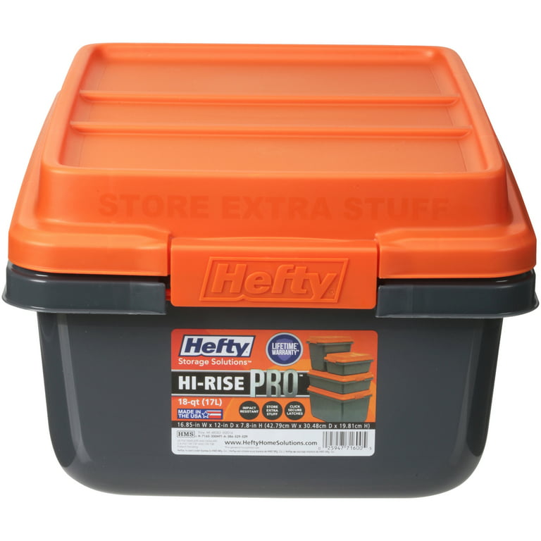 Hefty HI-RISE Heavy Duty 18 Qt. Latch Storage Bins, Orange/Gray 