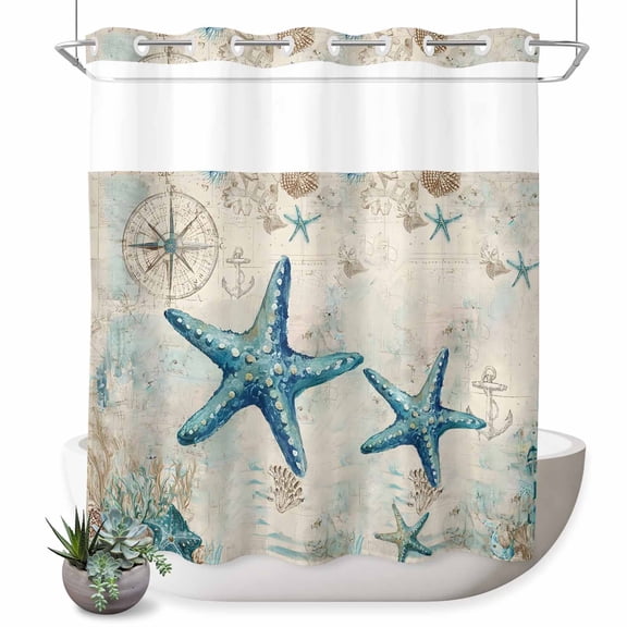 No Hook Shower Curtain, Teal Starfish Coastal Shower Curtains for Bathroom with See Through Top Window, Vintage Summer Beach Nautical Waterproof & Washable Bath Curtain 66"x72"