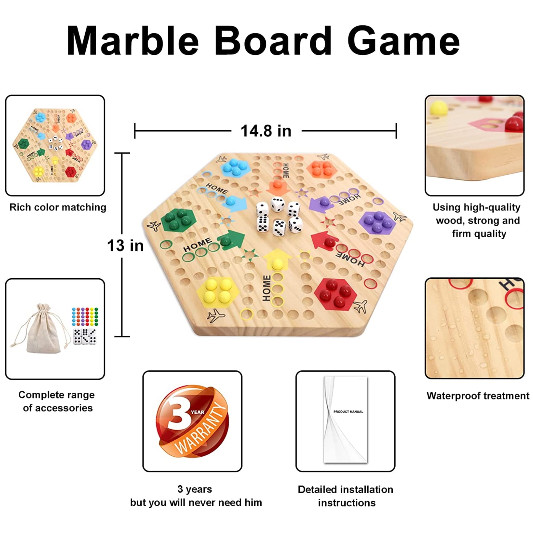 Original Marble Game Wahoo Board Game Double Sided Painted Wooden Fast Track Board Game for 6 and 4 Players 6 Colors 24 Marbles 6 Dice for Family Friends