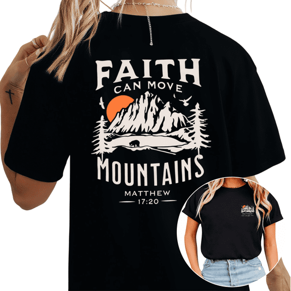 Cozymy Women's Faith Can Move Mountains Matthew 17:20 Christian Front Back Print Graphic Short Sleeve Tees Tops