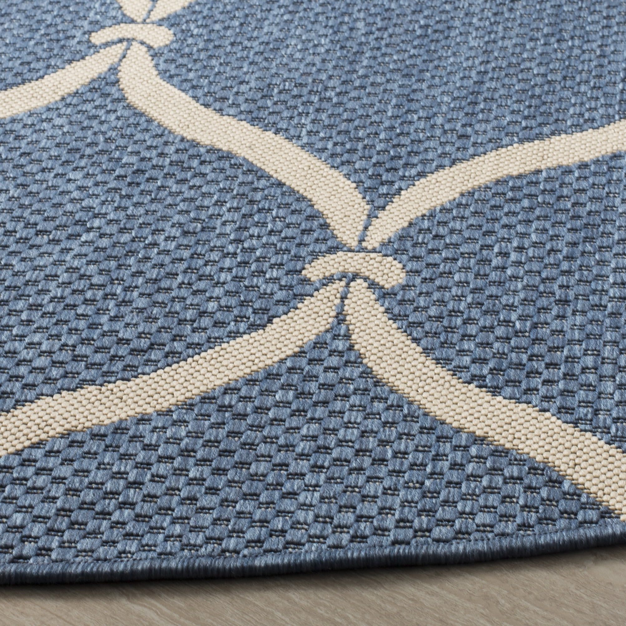SAFAVIEH Courtyard Linnet Geometric Indoor/Outdoor Area Rug, Blue/Beige, 6'7" x 6'7" Round
