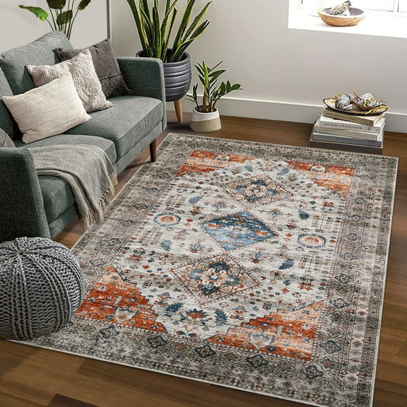 GlowSol 8'x10' Rug Washable Boho Rug Vintage Distressed Tribal Area Rugs Non-Shedding Stain-Resistant Soft Throw Rug for Dining Room Home Office, Taupe