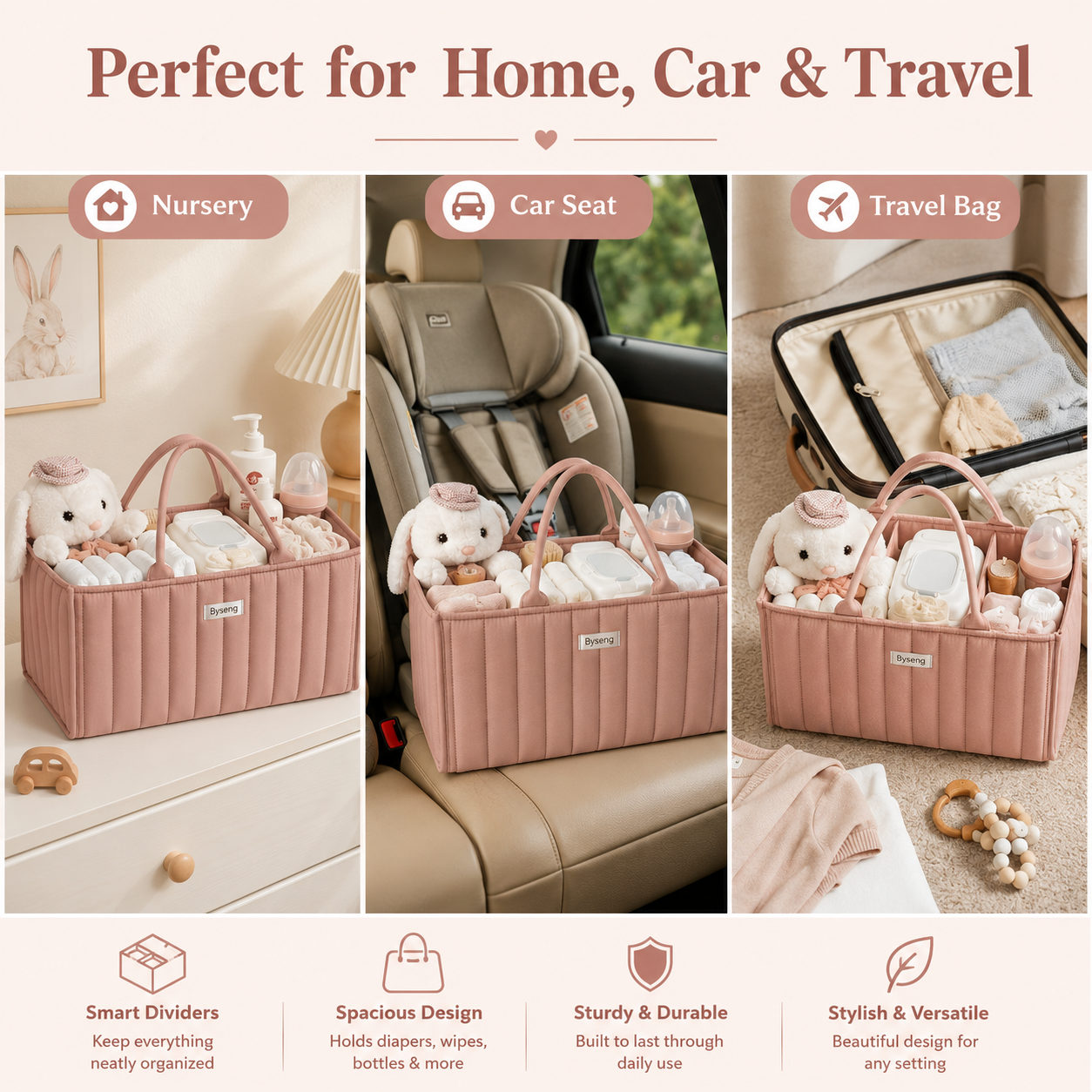 Byseng Baby Diaper Caddy Organizer, Pink photo 3