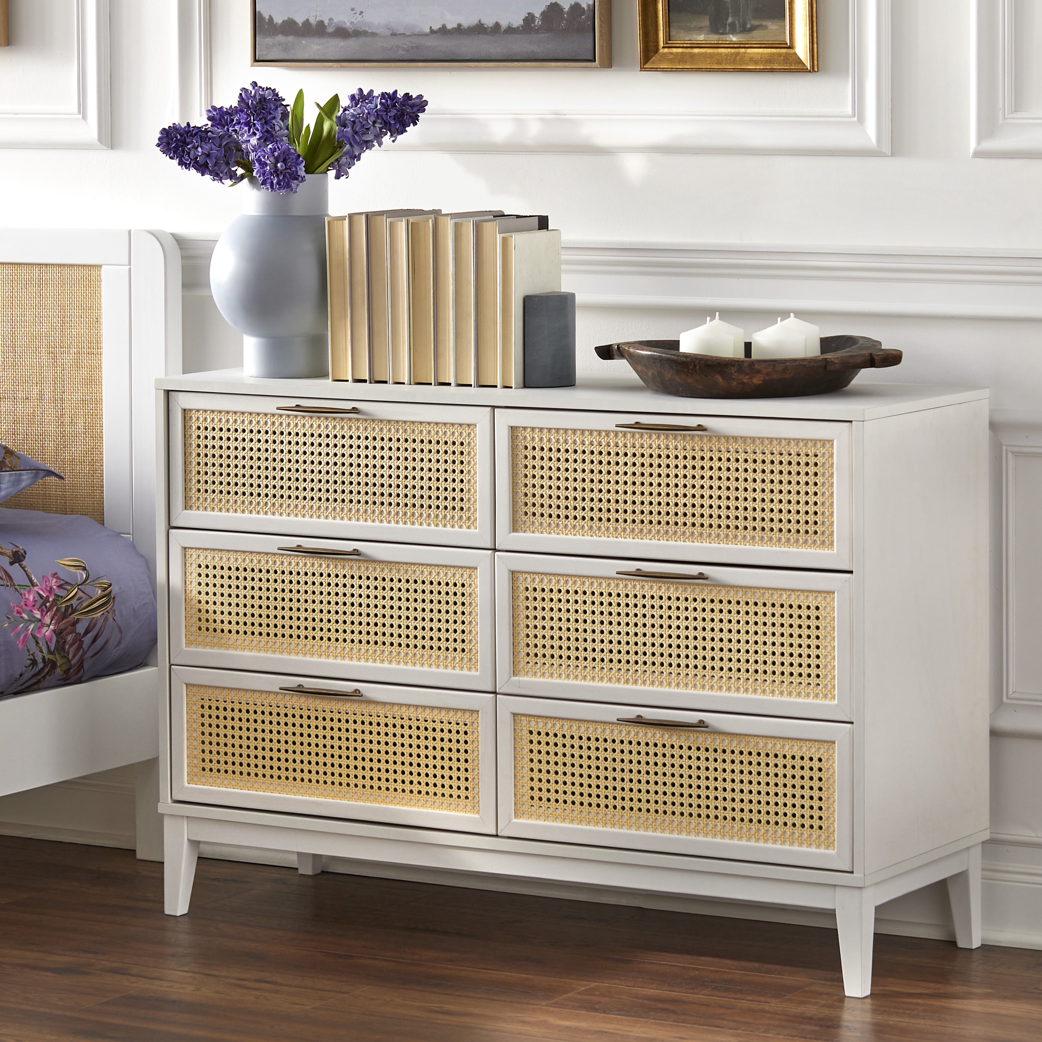 TMS Watson 6-Drawer Dresser with Natural Cane Drawer Fronts, White