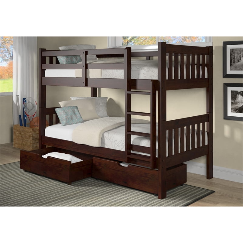 Dayton Wood Twin Over Twin Mission Bunk Bed with Under Bed Drawers in
