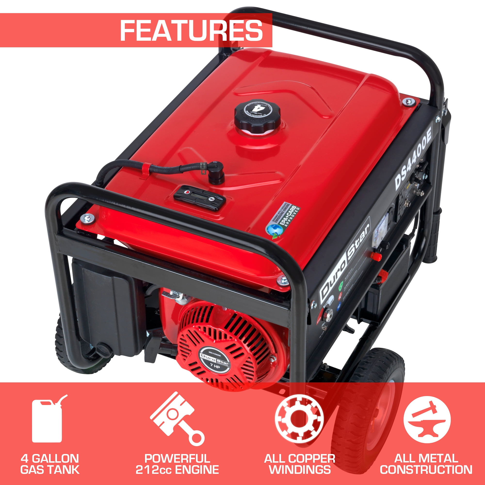 DuroStar DS4400E Gas Powered Portable Generator - 4400 Watt -Electric Start- Camping & RV Ready, 50 State Approved