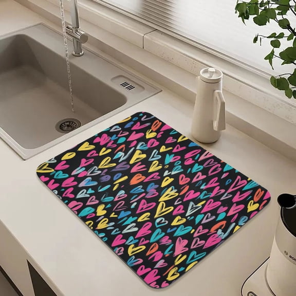 Colorful Love on Black Dish Drying Mat for Kitchen Counter Absorbent Drainer Mats (15.7X11.8inch)