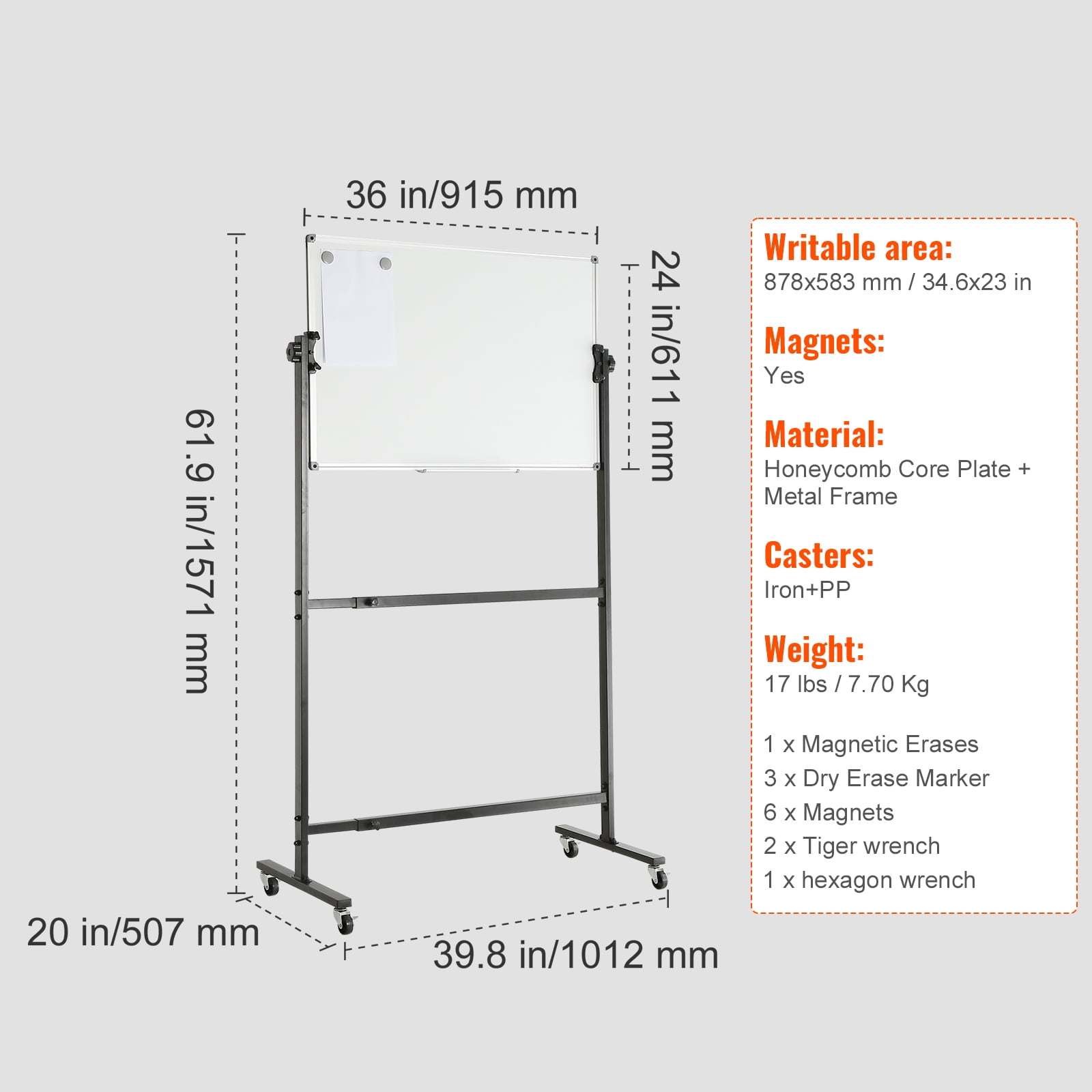KFFKFF Movable Magnetic Whiteboard, Dual-faced Mobile Dry Erase Board 36x24 Inches, Height Modifiable with Rollers, Includes 1 Magnetic Eraser & 3 Dry Erase Markers & Portable Tray for Office, School