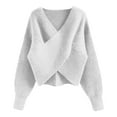 thumbnail image 3 of UJNDER Casual V Neck Long Sleeve Sweater for Women Wrap Front Off Shoulder Irregular Hem Knitted Short Pullover White One Size, 3 of 4