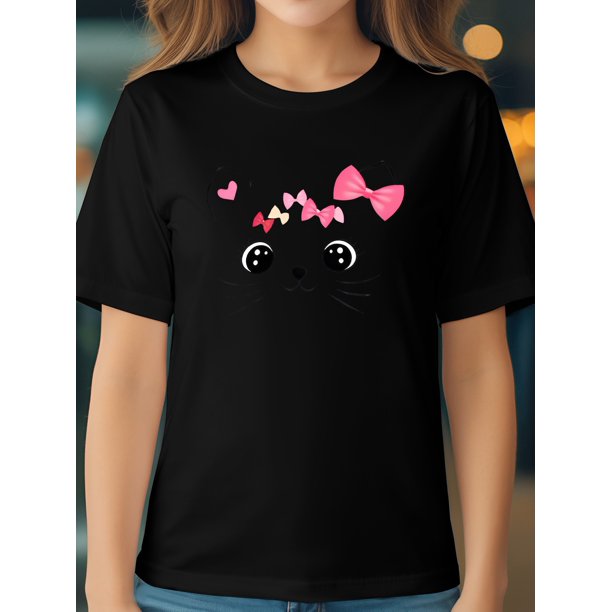 Camiseta informal de algodón para niña con estampado de gato. Cuello redondo cómodo, manga corta, tejido de punto transpirable. Ideal para el verano.