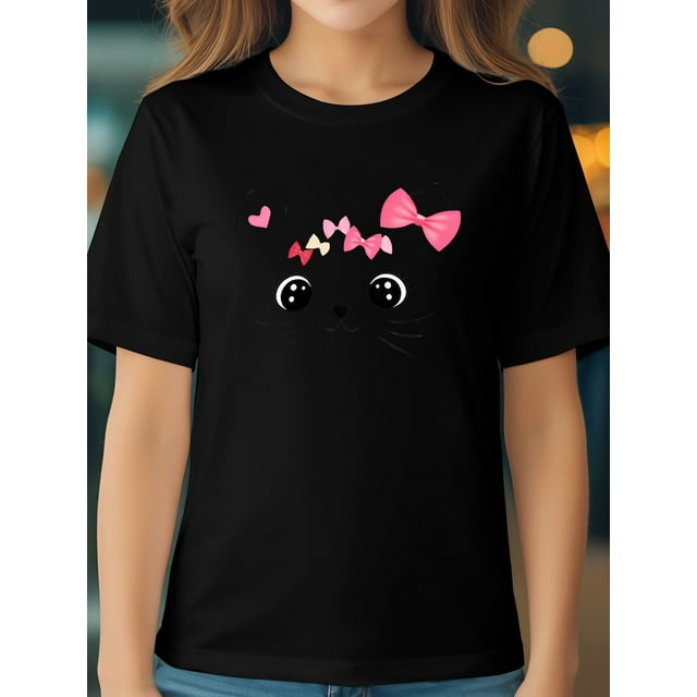 Camiseta informal de algodón para niña con estampado de gato. Cuello redondo cómodo, manga corta, tejido de punto transpirable. Ideal para el verano.