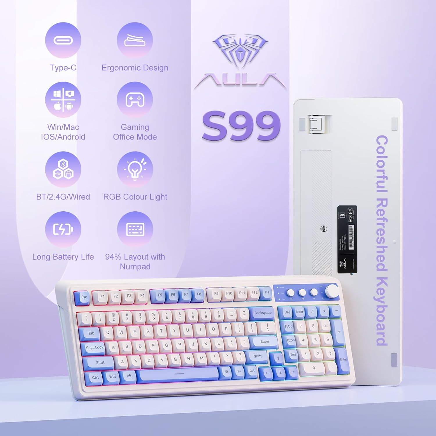AULA S99, 99-Key, Wireless, Membrane, Gaming Keyboard, RGB, 5-Layer Padding, 2000 mAh Battery, Knob