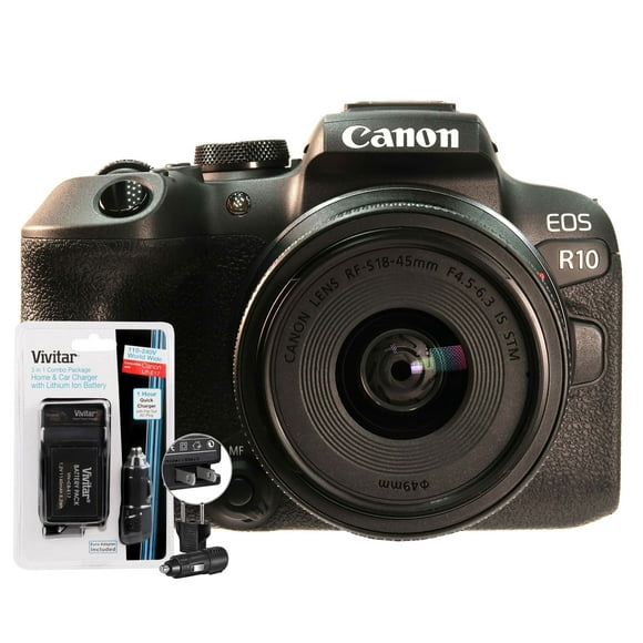 Canon EOS R10 Mirrorless Digital Camera Black + Canon RF-S 18-45mm f/4.5-6.3 IS STM Lens + Vivitar CB E17 Replacement Battery for Canon LP E17 and Vivitar LC E17 Charger