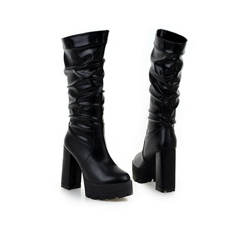 

Daeful Ladies Non-slip Chunky High Heels Work Comfort Mid-Calf Boot Business Fashion Round Toe Black 8.5