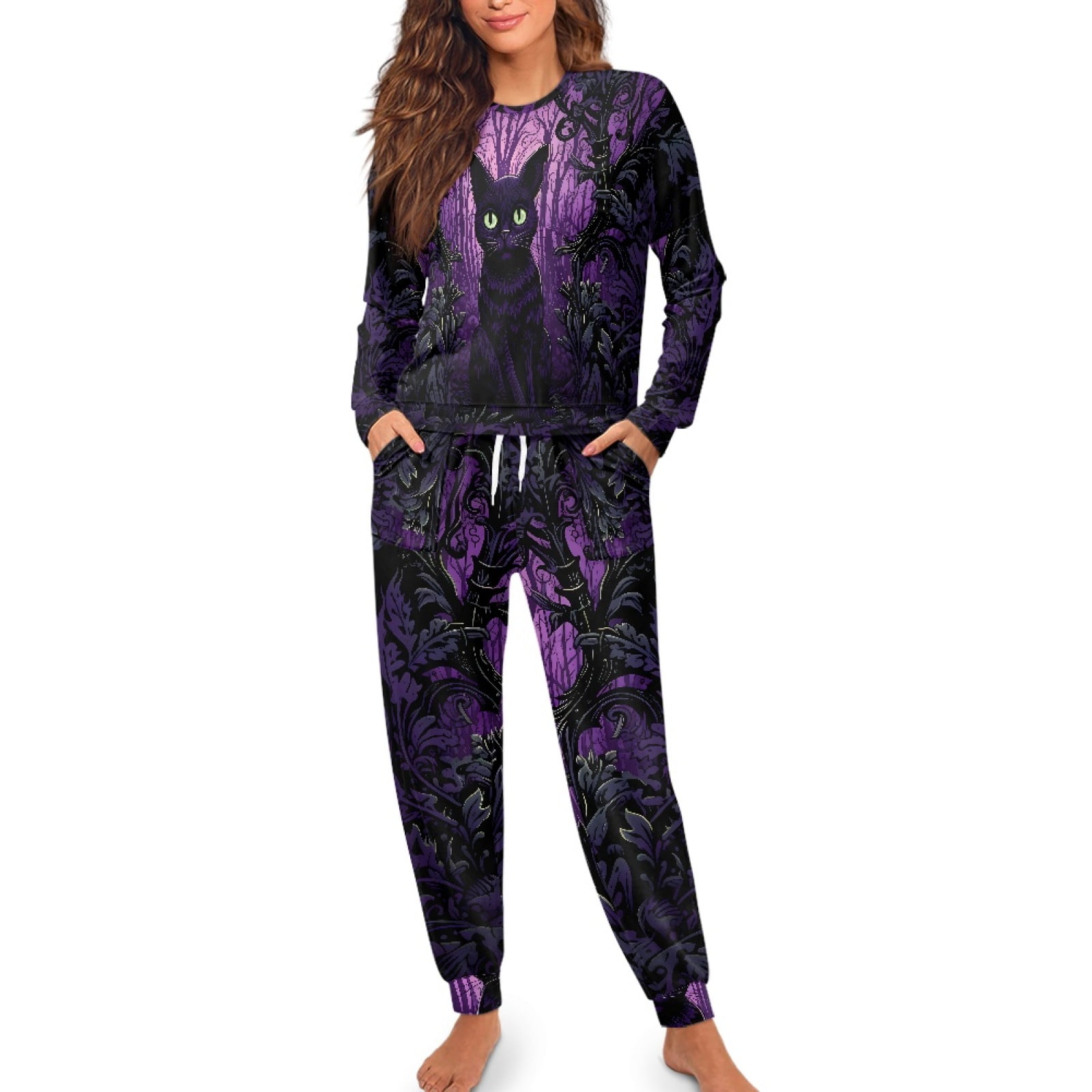 SCRAWLGOD Halloween Cat Forest Print Violet Women’s Long Sleeve Soft Pajama Set with Drawstring 2-Piece Round Collar Breast-Pocket Pjs Pants Sleepwear Lounge Set with Elastic Band M