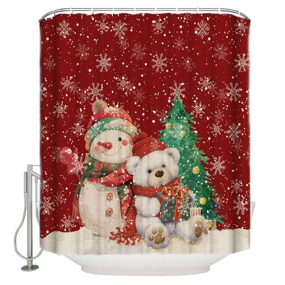 72x78 Inch Shower Curtain Red Christmas Bathroom Decor Waterproof Fabric Bathtub Bath Curtains Decorative Snowman Bear Xmas Tree Snowflake Extra Long Shower Curtain Set with Hooks