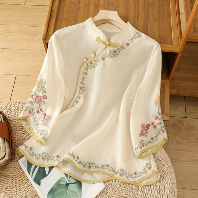 Soki Linen Tops Summer 3/4 Sleeve Chinese Frog Blouses Traditional Mandarin Embroidered Jacquard Shirts