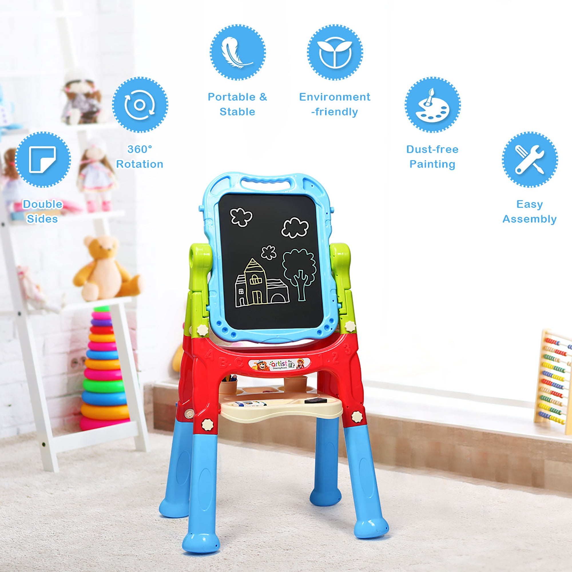Costway Height Adjustable Kids Art Easel Magnetic Double Sided Board w/ Accessories Blue