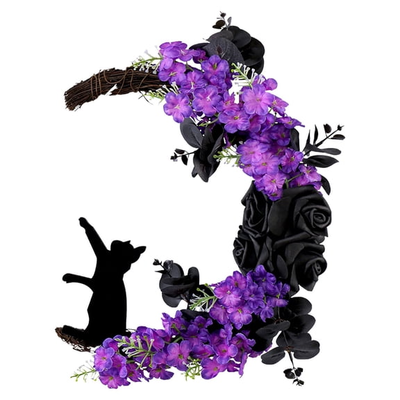 Dark Purple Halloween Black Cat Moon Wreath, Gothic Front Door Decoration, Indoor Outdoor Wall Hanging Ornament for Fall Farmhouse Decor