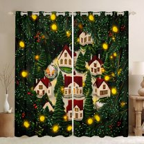 Manfei Cartoon Christmas Cabin Black Out Curtains for Kids, Winter Xmas Tree Curtains Pack of 2 (42x63 Each), Dreamy Fairy Tale Bedroom Curtains, Window Curtains Room Decor