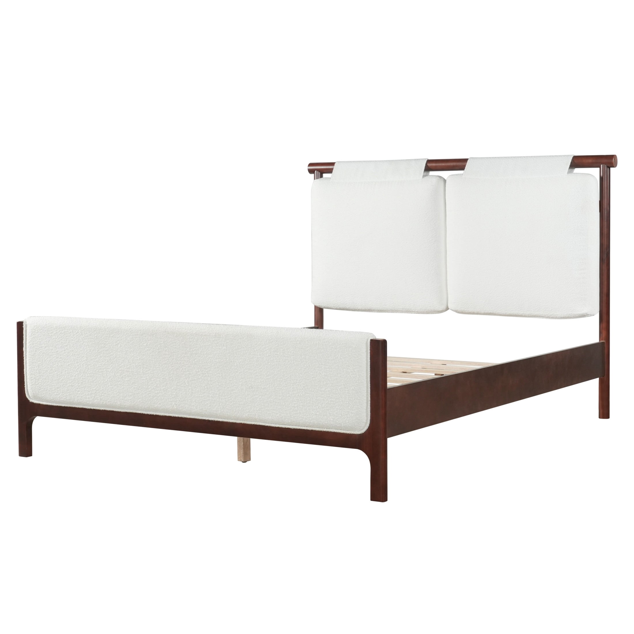 Christopher Knight Home Queen Platform Bed with White Upholstered, Wood Frame, Dark Walnut Finish