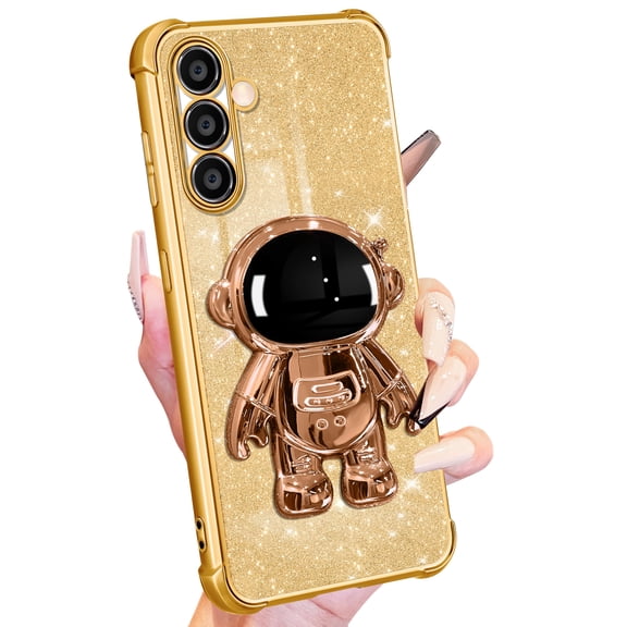 Buleens for Samsung Galaxy S24 Case for Women Girls Cute Astronaut Glitter Girly Sparkly Phone Cover with 6D Astronaut Hidden Stand Kickstand Design Sparkle Bling Cases for Samsung S24 6.2'' Gold