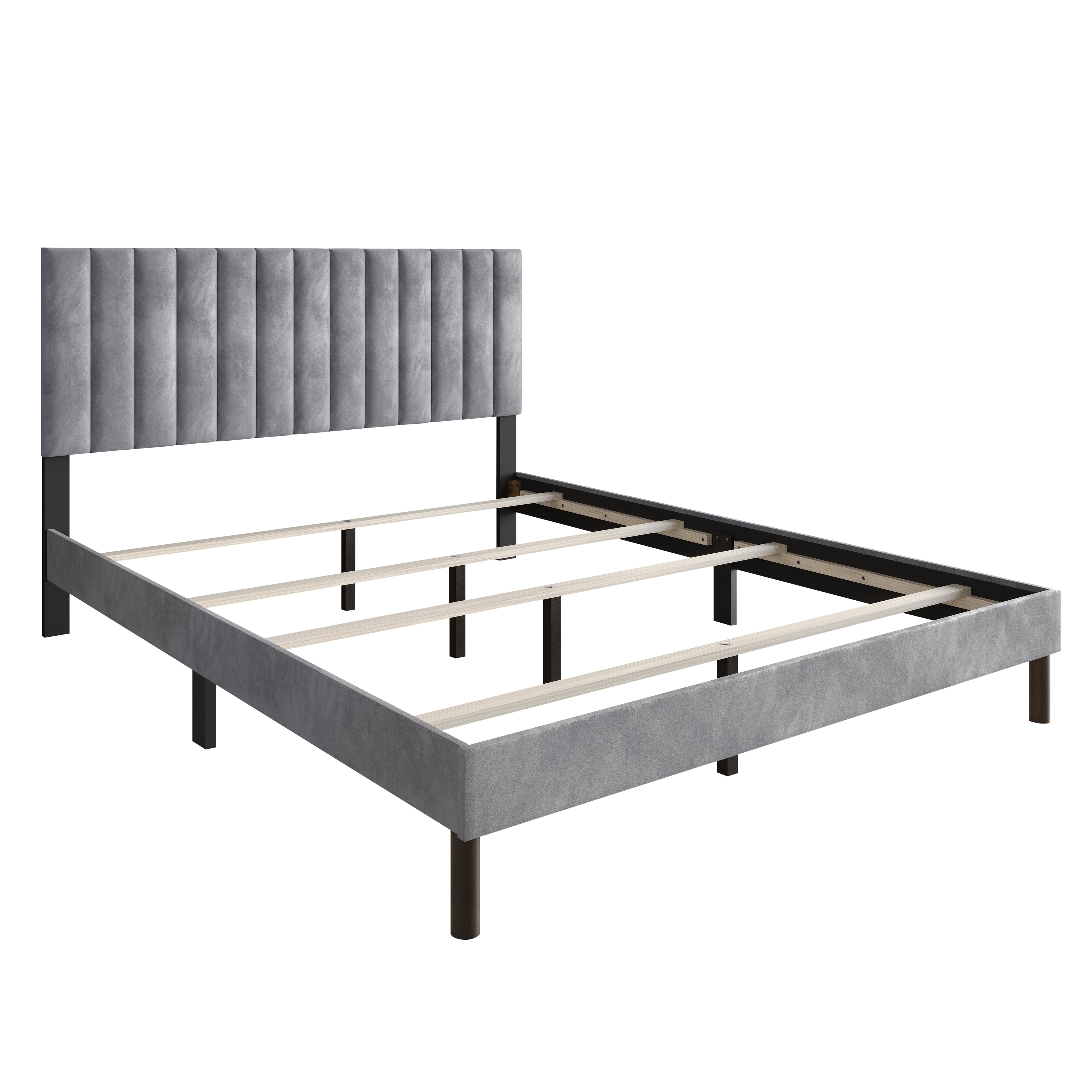 Home Design Sitka Twin Velvet Upholstered Platform Bed Frame with Channel-Tufted Headboard & Foam Padding, Silver Gray, Easy Assembly