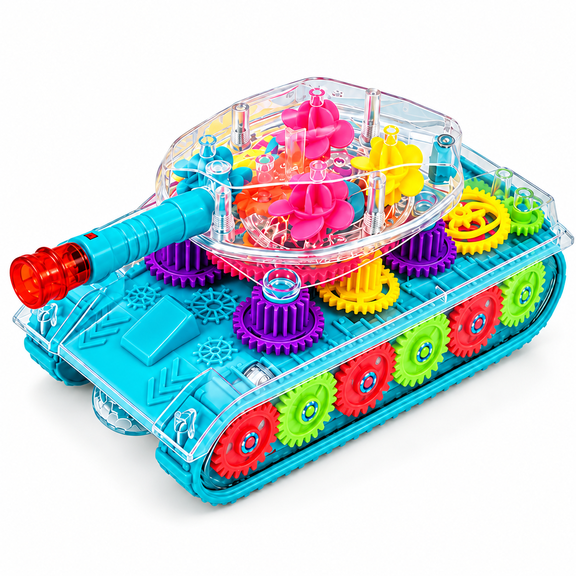 Light Up Transparent Gear Tank Walker for Kids - Armored Car with Moving Gears & Music, Educational Baby Push Toy for Newborn & Toddler Boys Girls