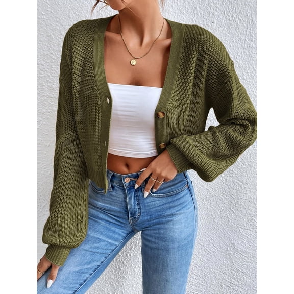 2026 Spring Womens Sweater Cardigan Long Puff Sleeve Loose Knit Clothes Casual Top Green L