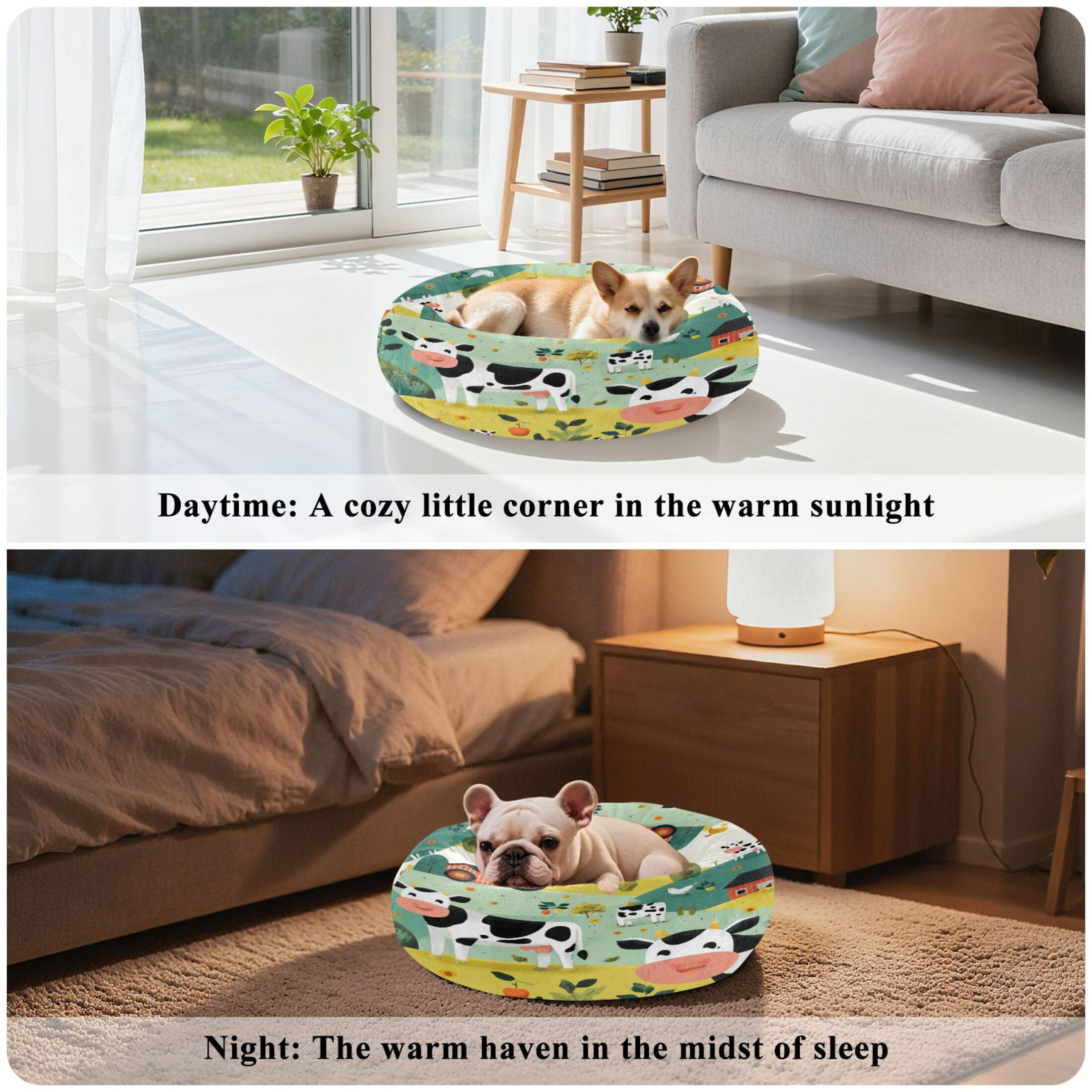 Iauyy Pet Couch Donut Cat Bed for Indoor Cats/Small Dogs Washable & Machine with Non-slip Bottom Calming Cat Furniture, Farm with Tractors (M)