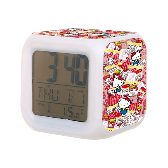 Hello kitty Digital Alarm Thermometer Night Glow Cube 7 Color Clock LED Changing LCD Display Suitable for Bedroom Children