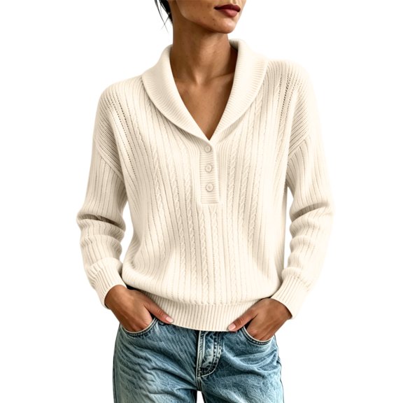 Yigetop Women's V Neck Long Sleeve Knit Pullover Sweater Tops Lightweight Casual Basic Loose Fit for Daily Work Vacation Beige L