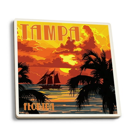 

Tampa Florida Sunset and Ship (Absorbent Ceramic Coasters Set of 4 Matching Images Cork Back Kitchen Table Decor)