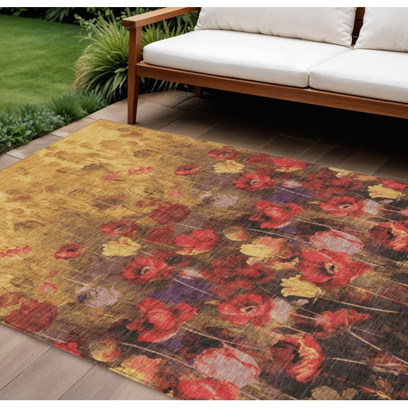 HomeRoots 597060 8 x 10 ft. Gold Red & Brown Floral Washable Indoor & Outdoor Rectangle Area Rug