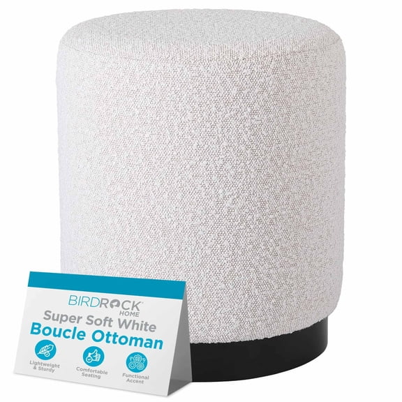 BIRDROCK HOME Round Boucle Ottoman Foot Stool | Soft Compact Padded Vanity Stool | Sturdy Folding Storage Furniture, Small College Dorm Room Seat | Ideal for Living Room, Bedroom, Kids Room - White