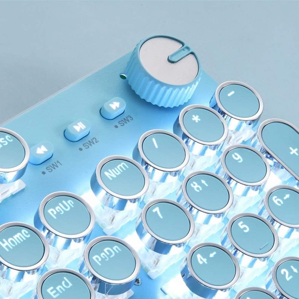 Vintage Mechanical Gaming Keyboard with LED Backlit, 104-Key Anti-Ghosting Blue Switch, USB Wired Metal Panel and Round Keycaps