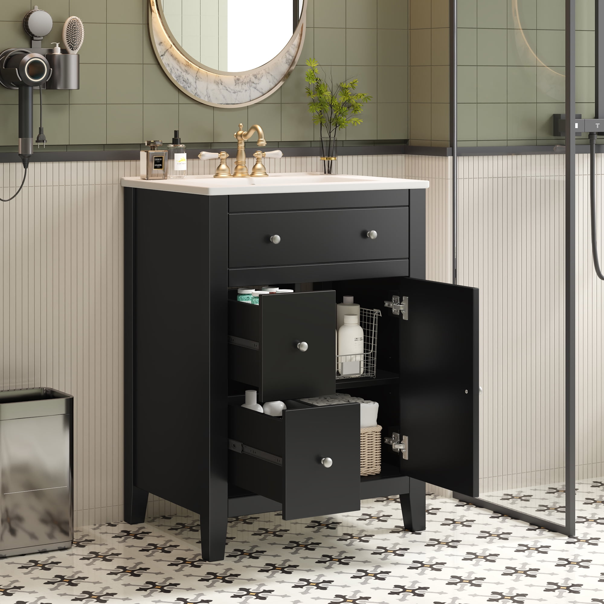 Harper & Bright Designs 24" Small Bathroom Vanity Set, Modern Bathroom Cabinet Freestanding with Drawers, Single Sink Bathroom Vanity, Black