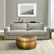 32 Inch Artisanal Round Drum Coffee Table Hammered Embossed Texturing Aluminum Antique Brass - Saltoro Sherpi