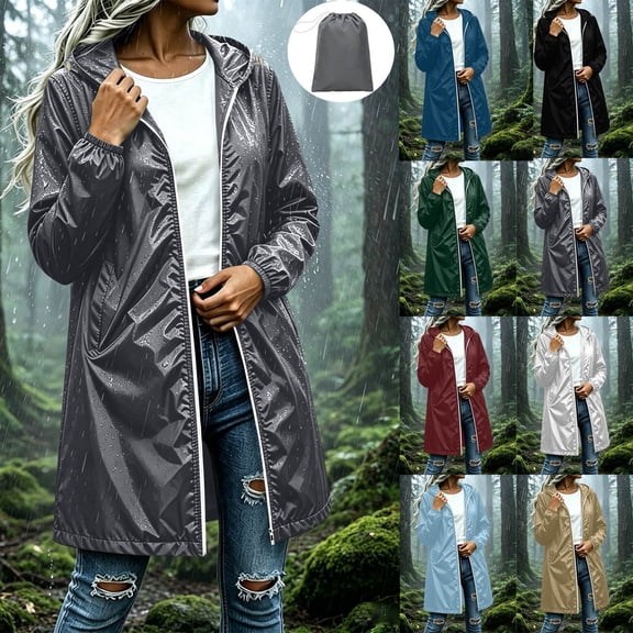 Lolmot Waterproof Rain Jacket Women Fashion Baggy Zip up Raincoat with Adjustable Hood Travel Hiking Rain Coats with Hood Outdoor