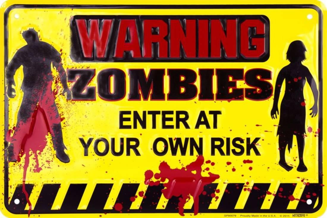Warning Zombies Tin Sign 8x12