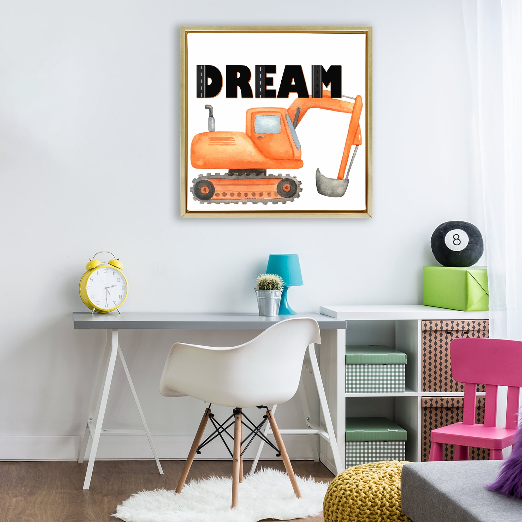 Dream with Orange Excavator Gold Framed Floater Canvas Wall Art, design by Kim Allen