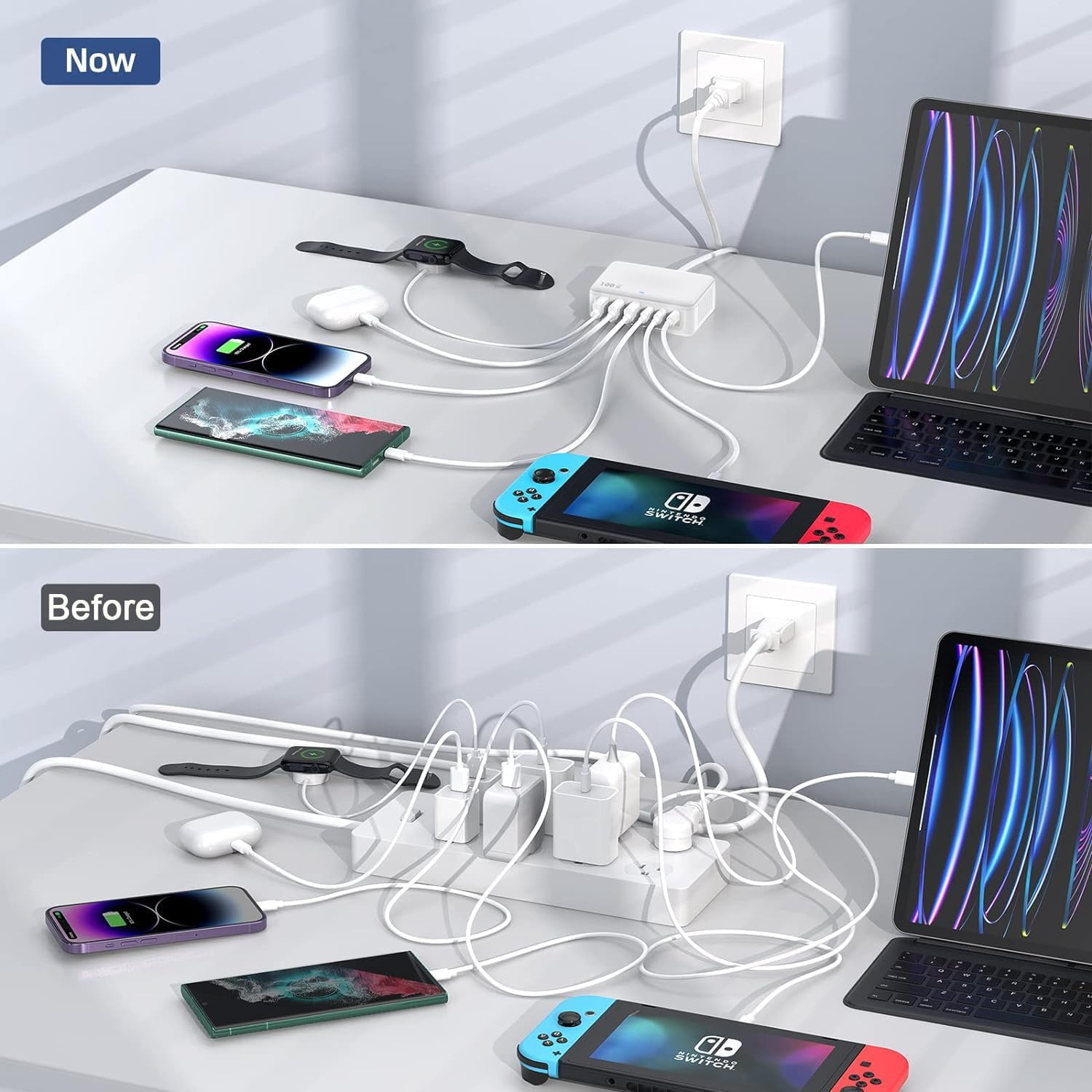 100W USB C Charger Block, 6 Port Type USB C Charging Station USB Hub Block Cube,USB C Wall Charger Power Strip Adapter Plug for iPad iPhone 17 16 15 14 13 12 Pro Max Pixel Note Galaxy, 5ft Cord