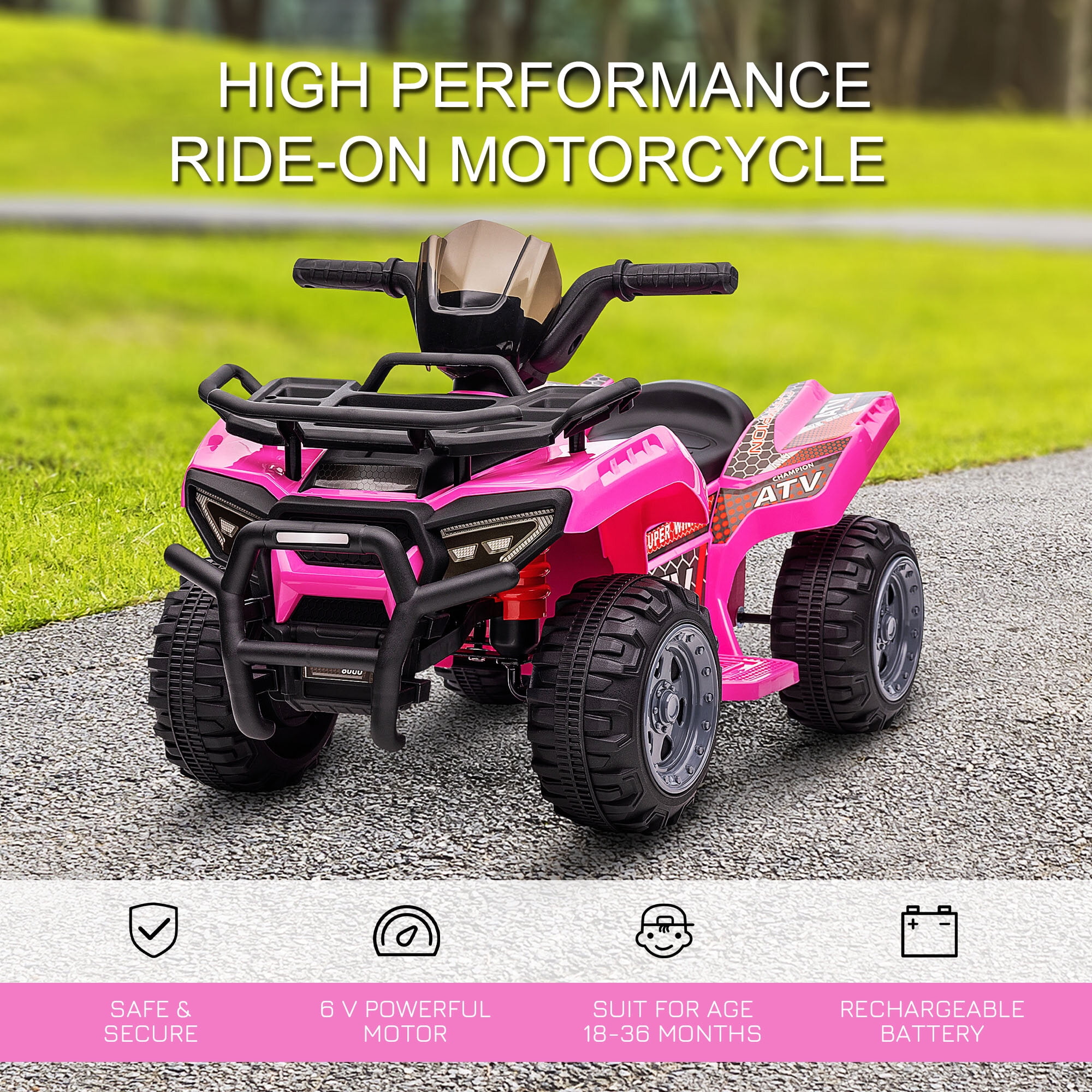 Bikes Aosom ATV Four Wheeler Ride on Car, Motorized Quad, 6V Battery Powered Electric Quad with Songs for 18-36 Months, Pink, Riding Toys