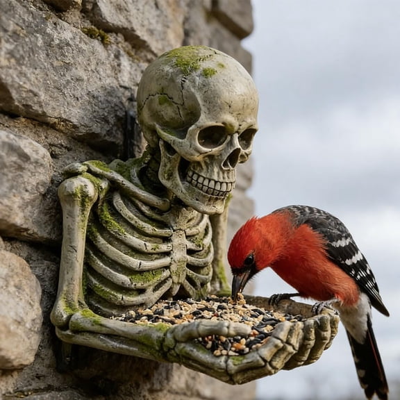 Skeleton Bird Feeder 2026 New, Wood Grain Texture Hand-Painted Outdoor Hanging Feeder with Hidden Hook, Garden Yard Art Decoration for Bird Lovers