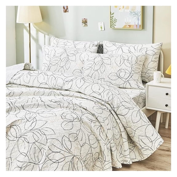 White Floral Quilt Set Queen - 3 Piece Secret Garden Bedspread - Modern Black Embroidery - Lightweight Spring Summer Quilt - 100% Polyester