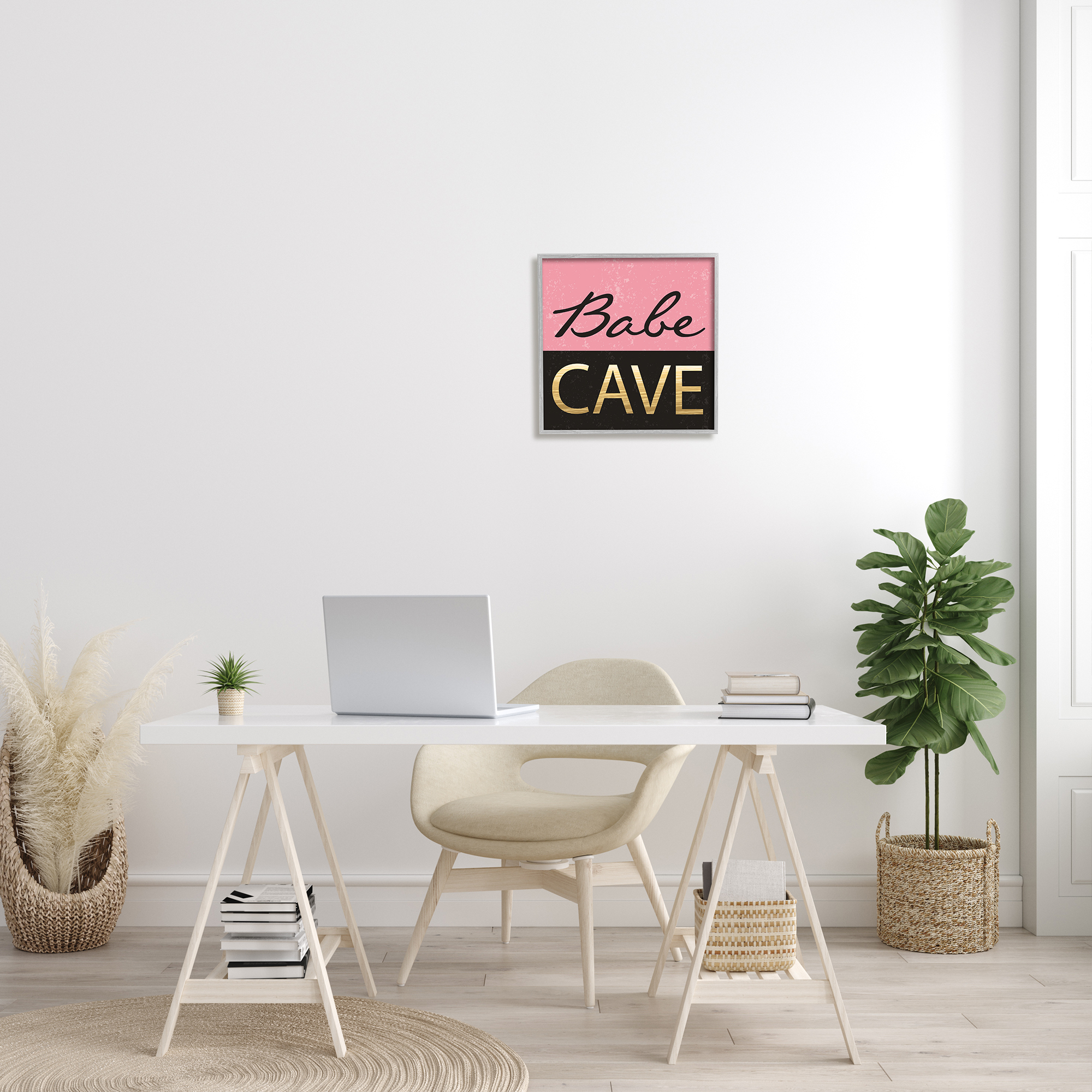 Babe Cave Pink and Gold Typography Framed Art Print Wall Art, 17x17