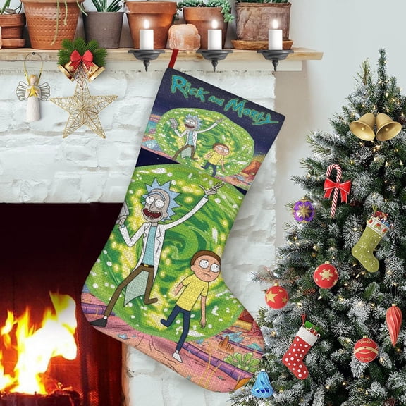Rick Morty-theme Christmas Stockings，Fine white linen for Stairs Fireplace Hanging Xmas Home Decor Christmas gift17.7"X12.6"(45cm×32cm)