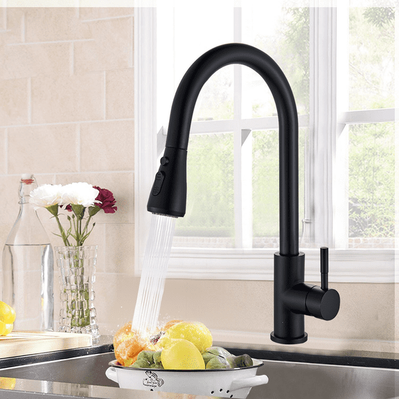 Matte Black Pull Down Kitchen Faucet, Single Handle Mixer Tap with Pull-Out Sprayer, Swivel 360 ° , Modern Kitchen Sink Faucet
