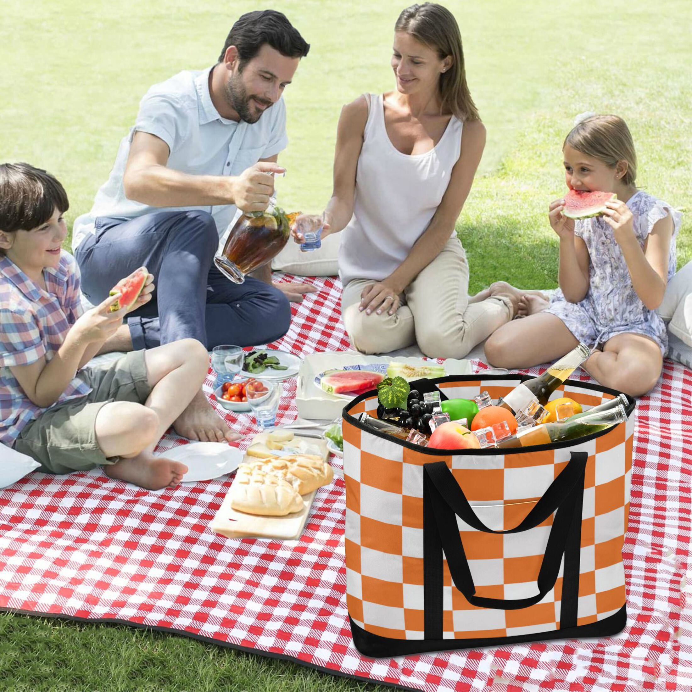 Extra-Large Wide Opening Design Capacity Hand-Held Ice Pack Thickened Insulation Layer For Long-Lasting Cold Retention For Outdoor Shopping Picnics And Camping Orange Checkerboard